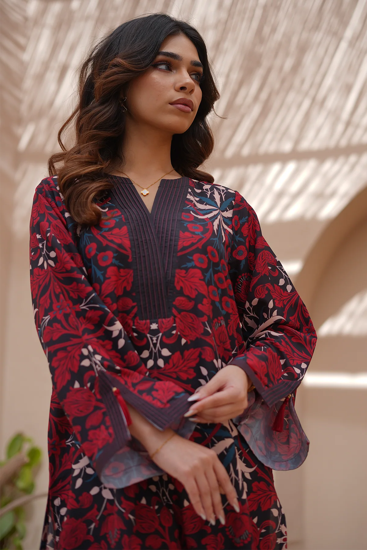 Nairah Stitched Co Ords Summer Suit-Crimson - Image 3