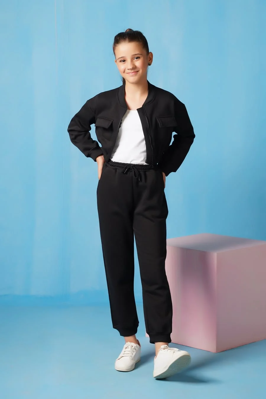Sprinkles Stitched 2 Piece Winter Co Ord Sets Kids Suit-Crop Jacket With Jogger Pant - Black - Image 4