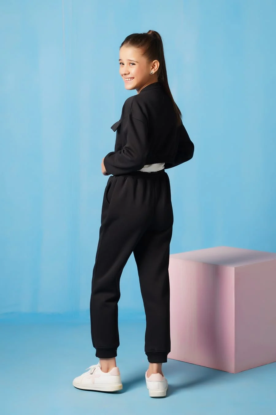 Sprinkles Stitched 2 Piece Winter Co Ord Sets Kids Suit-Crop Jacket With Jogger Pant - Black - Image 5