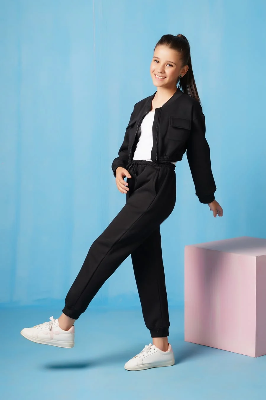 Sprinkles Stitched 2 Piece Winter Co Ord Sets Kids Suit-Crop Jacket With Jogger Pant - Black - Image 6