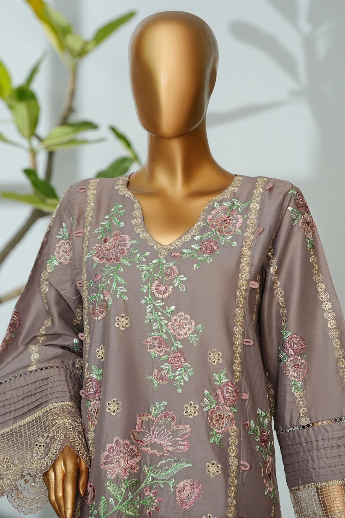 Bin Saeed Stitched 3 Piece Luxury Emb Lawn Suit- D-2755 GREY - Image 2