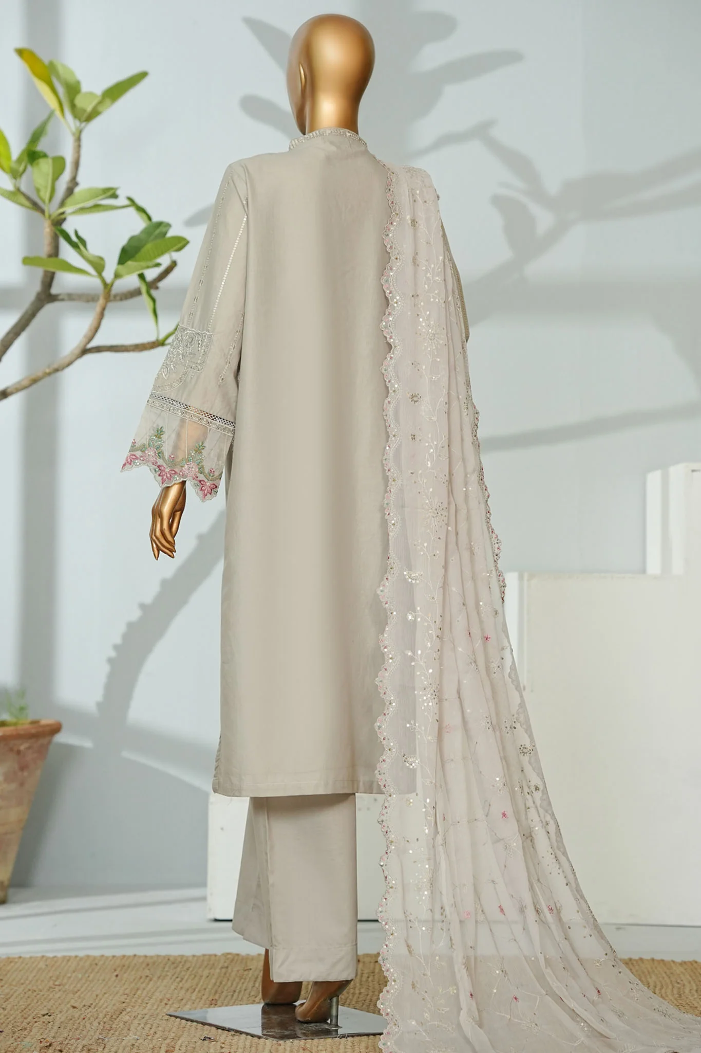 Bin Saeed Stitched 3 Piece Luxury Emb Lawn Suit- D-2758 GRAY - Image 3