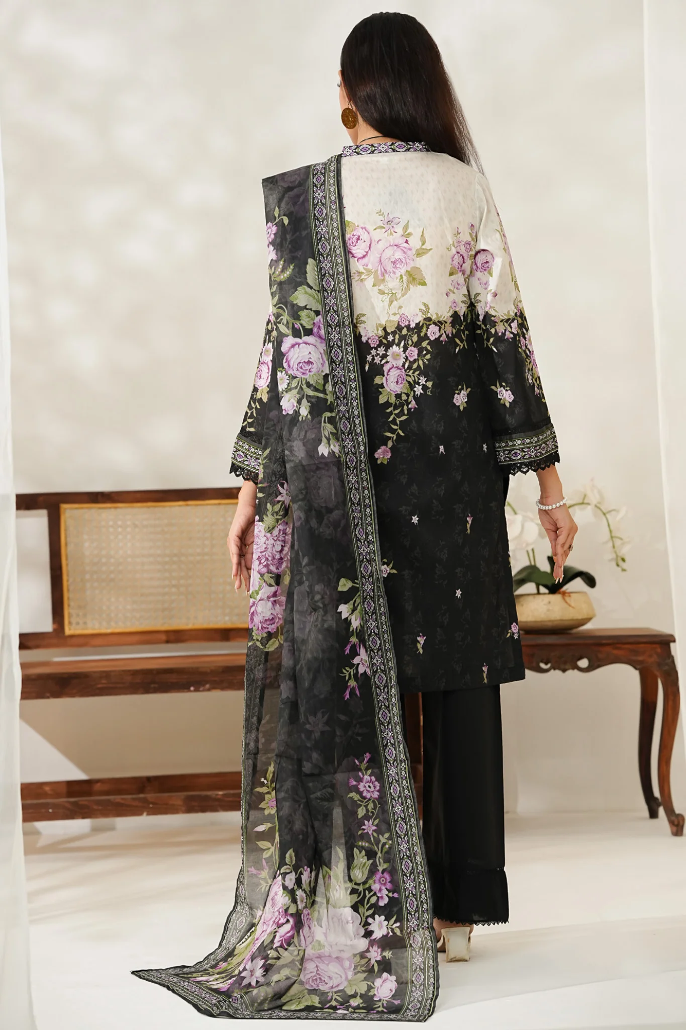Aizal Stitched 3 Piece Printed Lawn Suit-D-649-Black - Image 3
