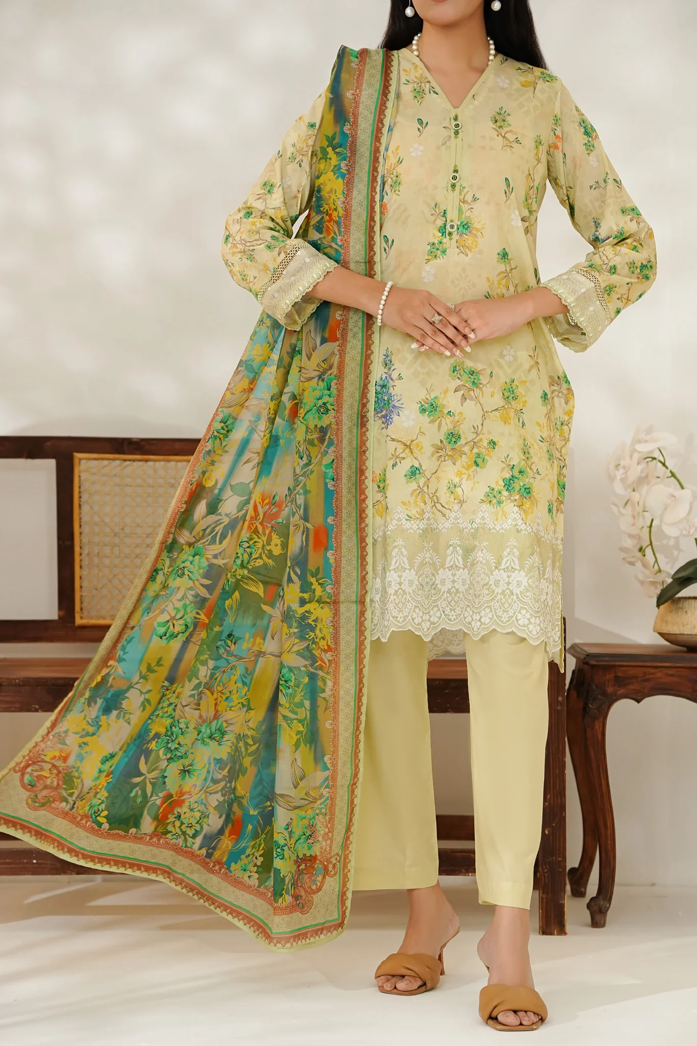 Aizal Stitched 3 Piece Printed Lawn Suit-D-651-Cream