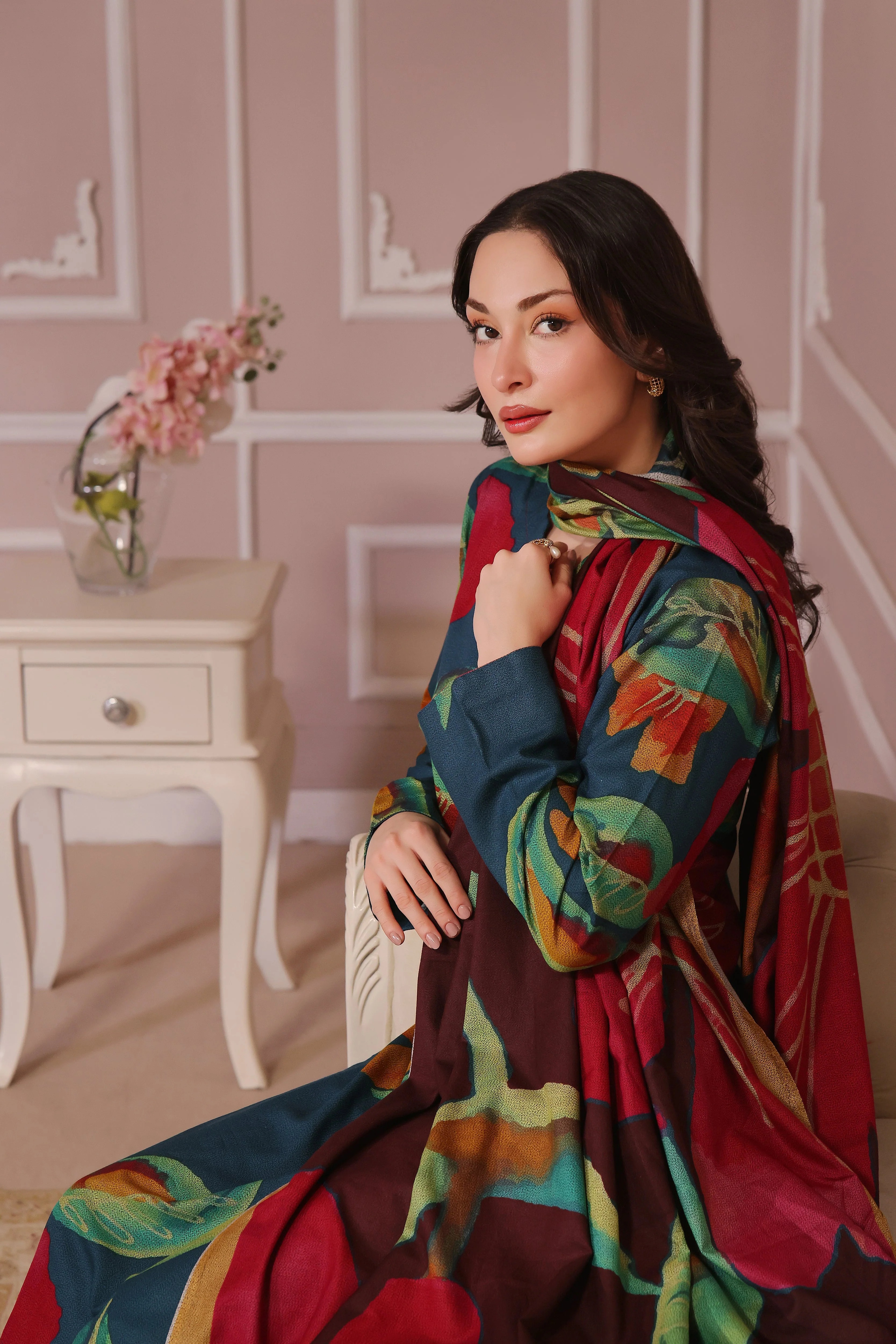 Feathers Unstitched 3 Piece Winter Collection-DARK BLOOM-FT438 - Image 5