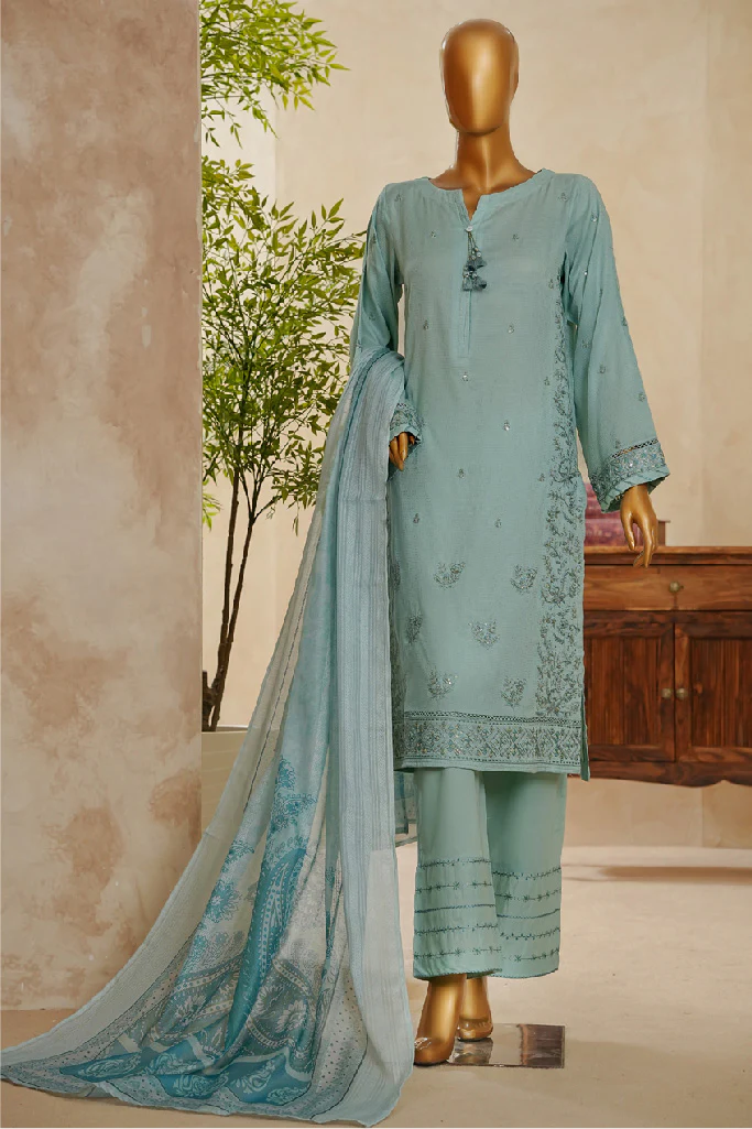 Muse By HZ Stitched 3 Piece Emb Dobby Jacquard Vol-04 Suit-DEJ-3P-025-Sapphire Blue