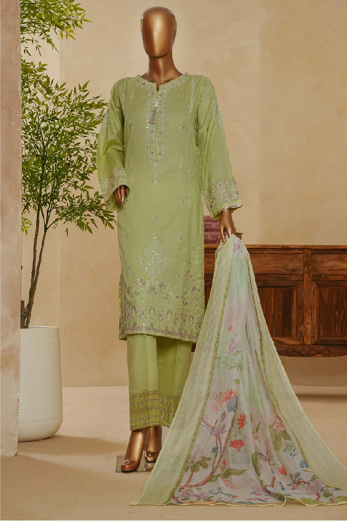 Muse By HZ Stitched 3 Piece Emb Dobby Jacquard Vol-04 Suit-DEJ-3P-026-Sage Green