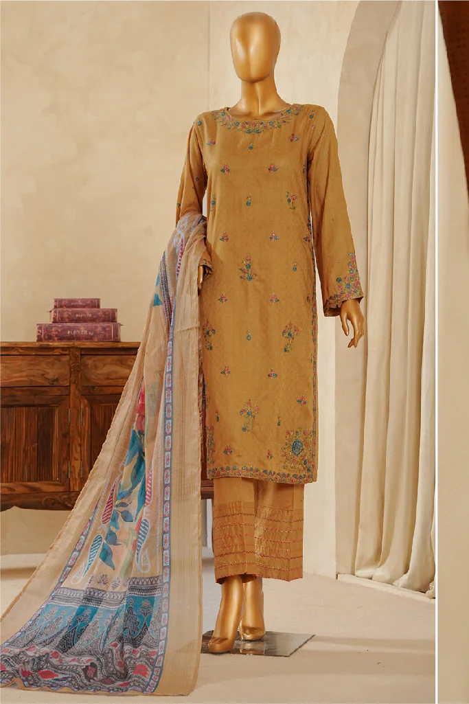 Muse By HZ Stitched 3 Piece Emb Dobby Jacquard Vol-04 Suit-DEJ-3P-027-Golden Rod