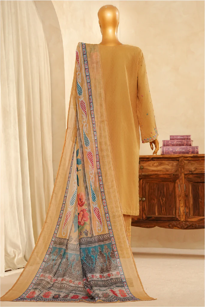Muse By HZ Stitched 3 Piece Emb Dobby Jacquard Vol-04 Suit-DEJ-3P-027-Golden Rod - Image 3