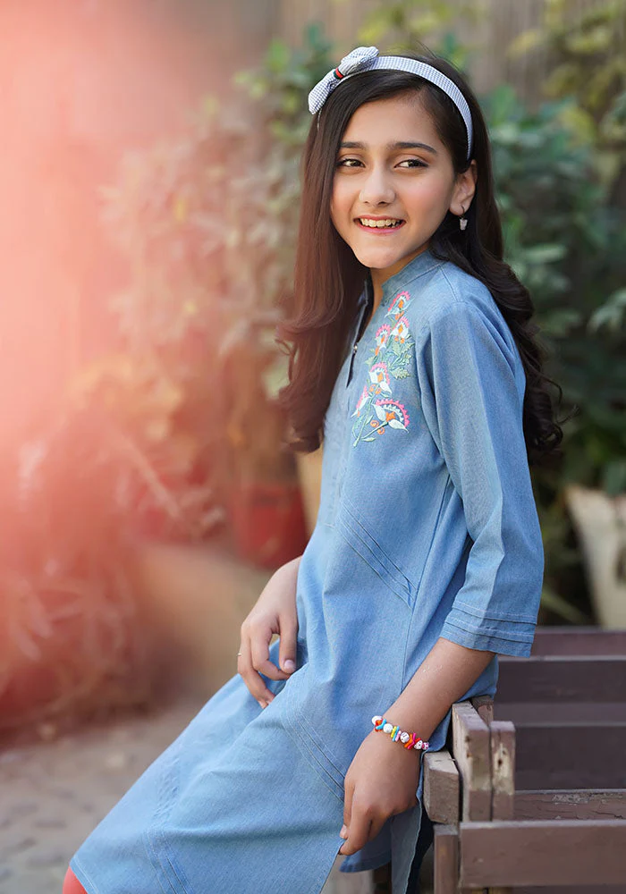 Ochre Clothing Denim Embroidered Kurta - Image 2