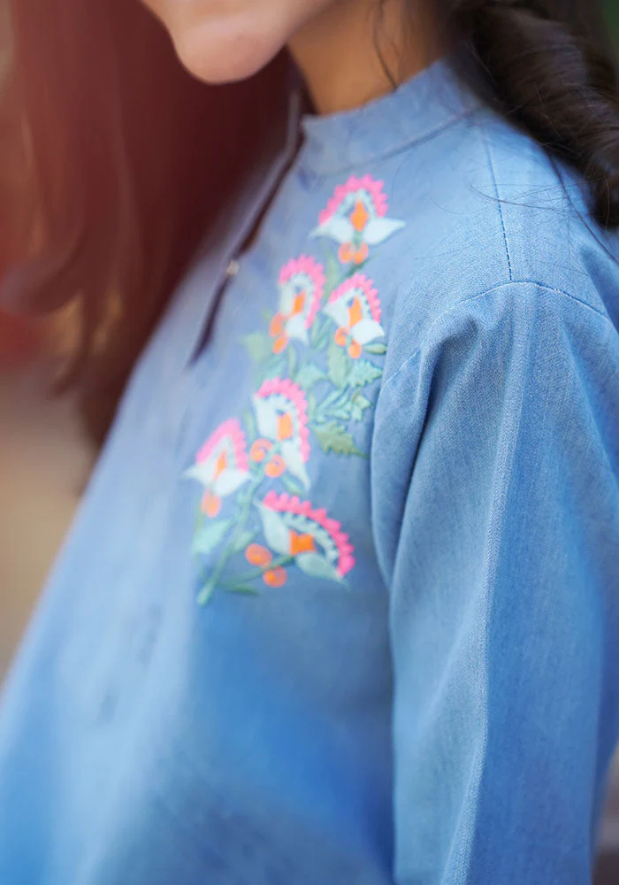 Ochre Clothing Denim Embroidered Kurta - Image 3