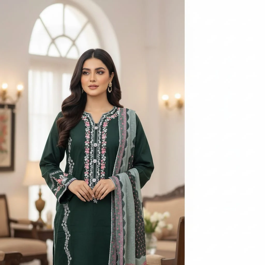 Umer Aayan Embroidered Premium Lawn Suit with Chiffon Dupatta & Cotton Trouser - Image 3