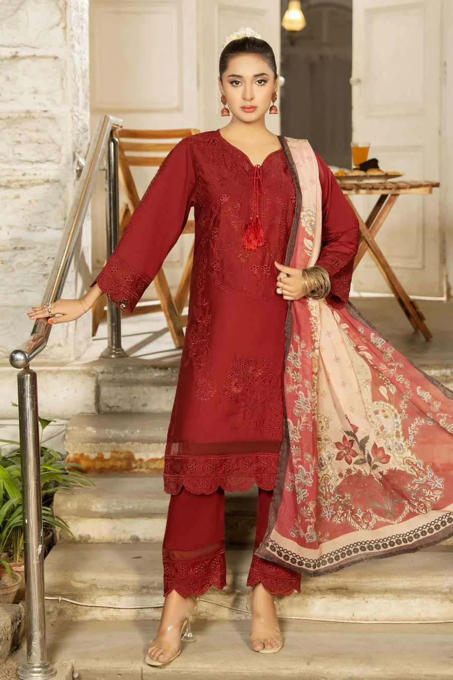 Dhaga Stitched 3 Piece Summer Suit-Ruby dusk - Image 4