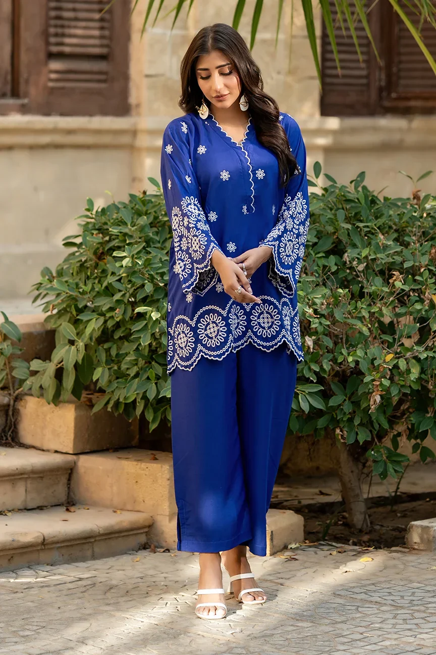 Dhaga Stitched Summer Women Suit-Azure bloom - Image 3
