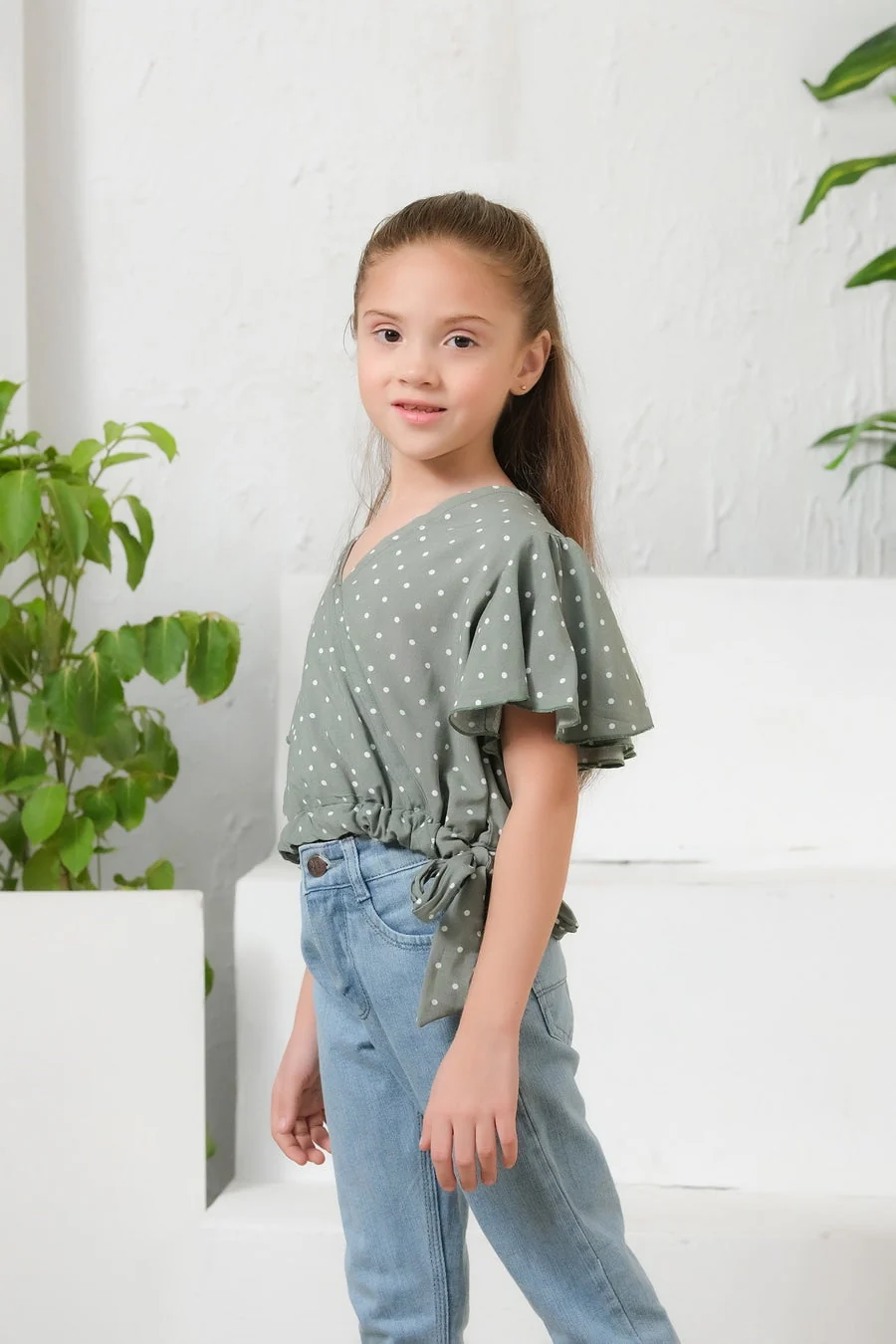 Sprinkles Stitched 1 Piece Summer Shirts Kids Suit-Ditsy Olive Floral Print Crop Top - Image 3