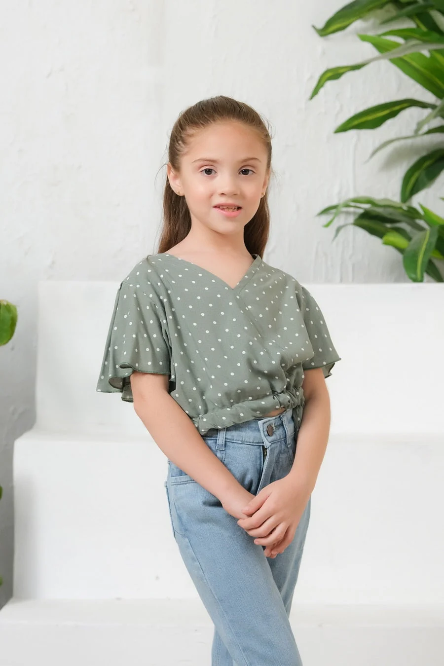 Sprinkles Stitched 1 Piece Summer Shirts Kids Suit-Ditsy Olive Floral Print Crop Top - Image 5