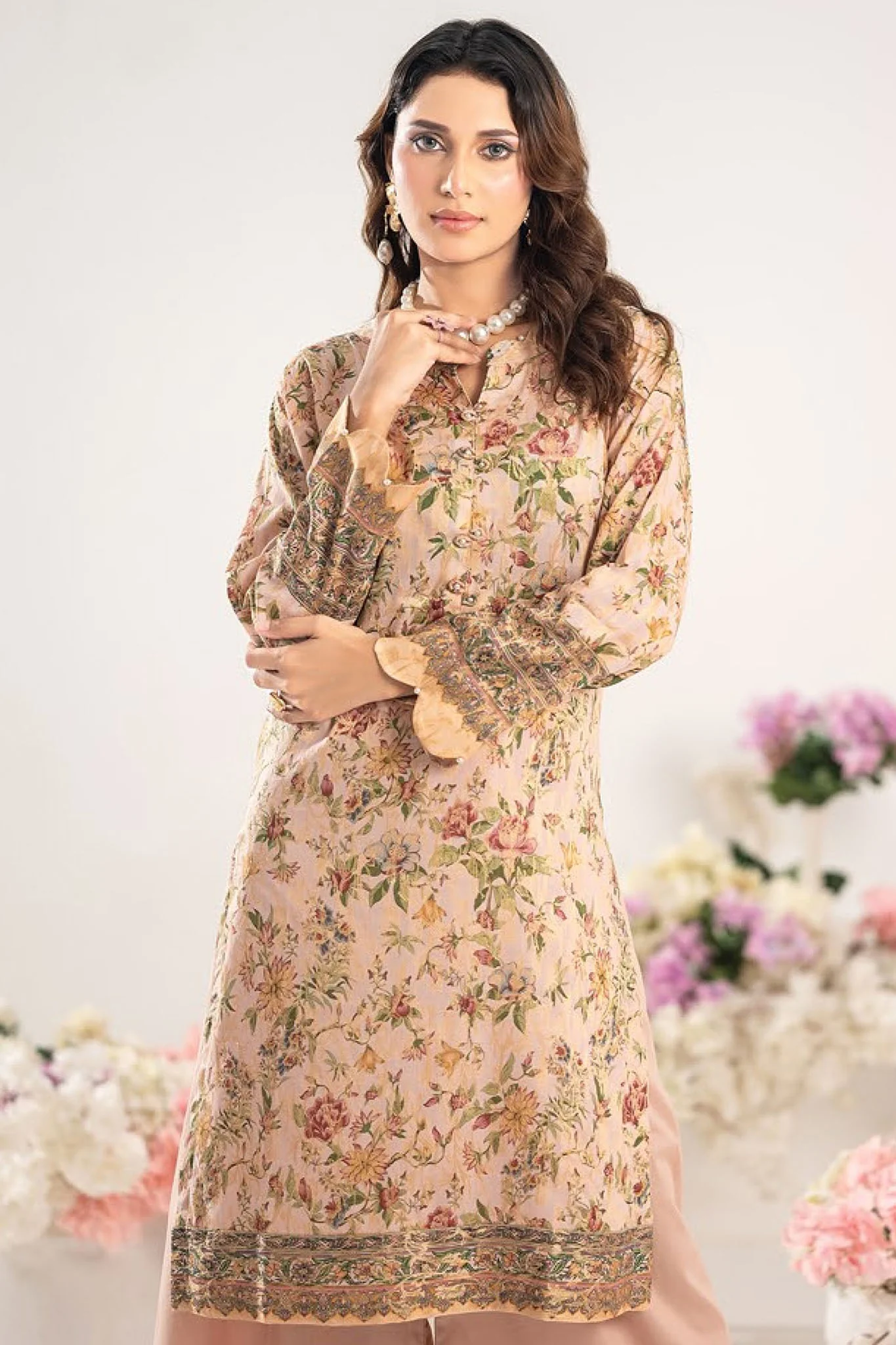 Odyssey By Dor Stitched Co Ords Printed Jacquard Chapter-01 Suit-DJOC-02-Peach - Image 2