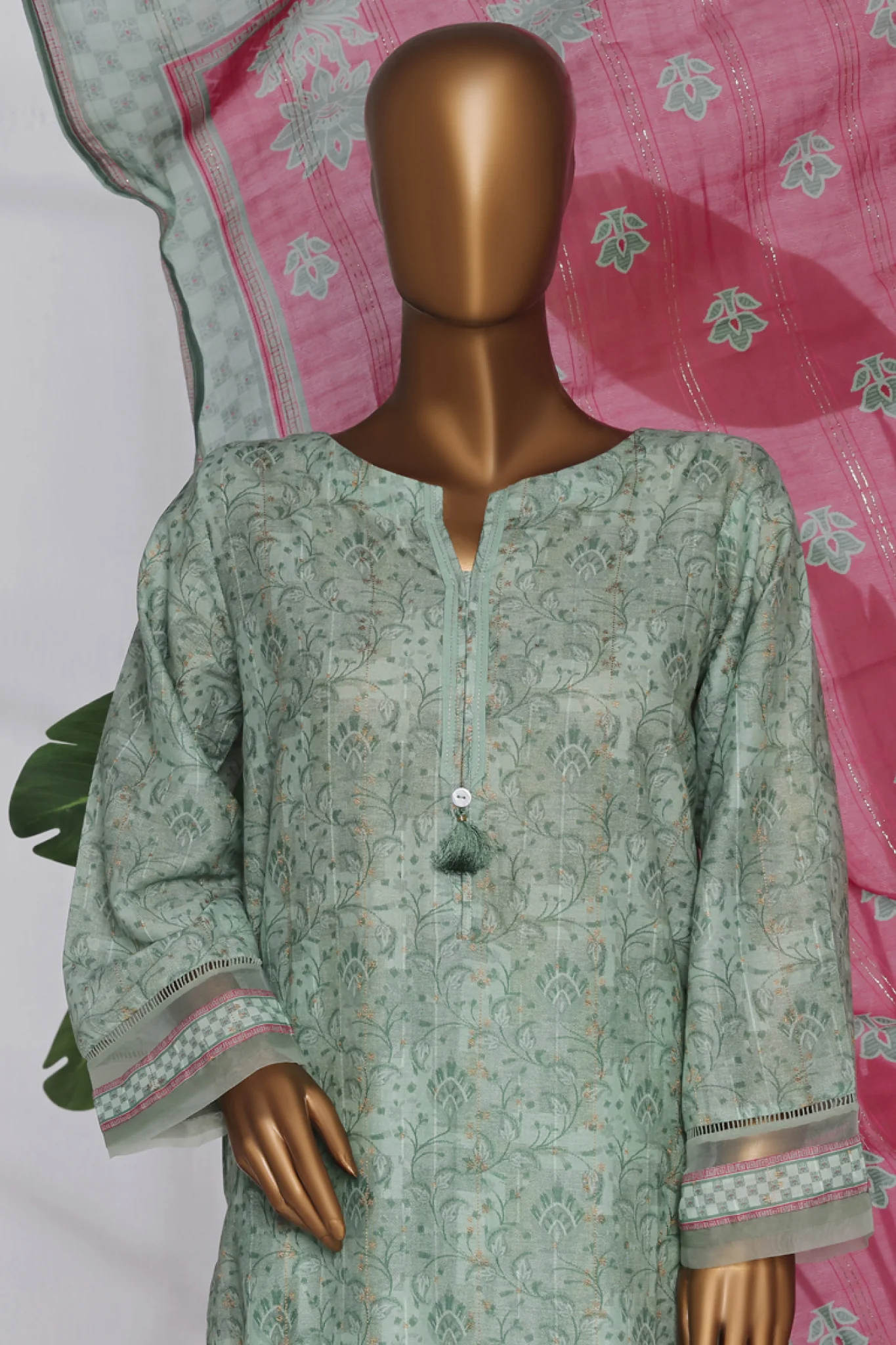 Damask By HZ Stitched 3 Piece Prints Jacquard Suit-DPJ-037-Green - Image 2