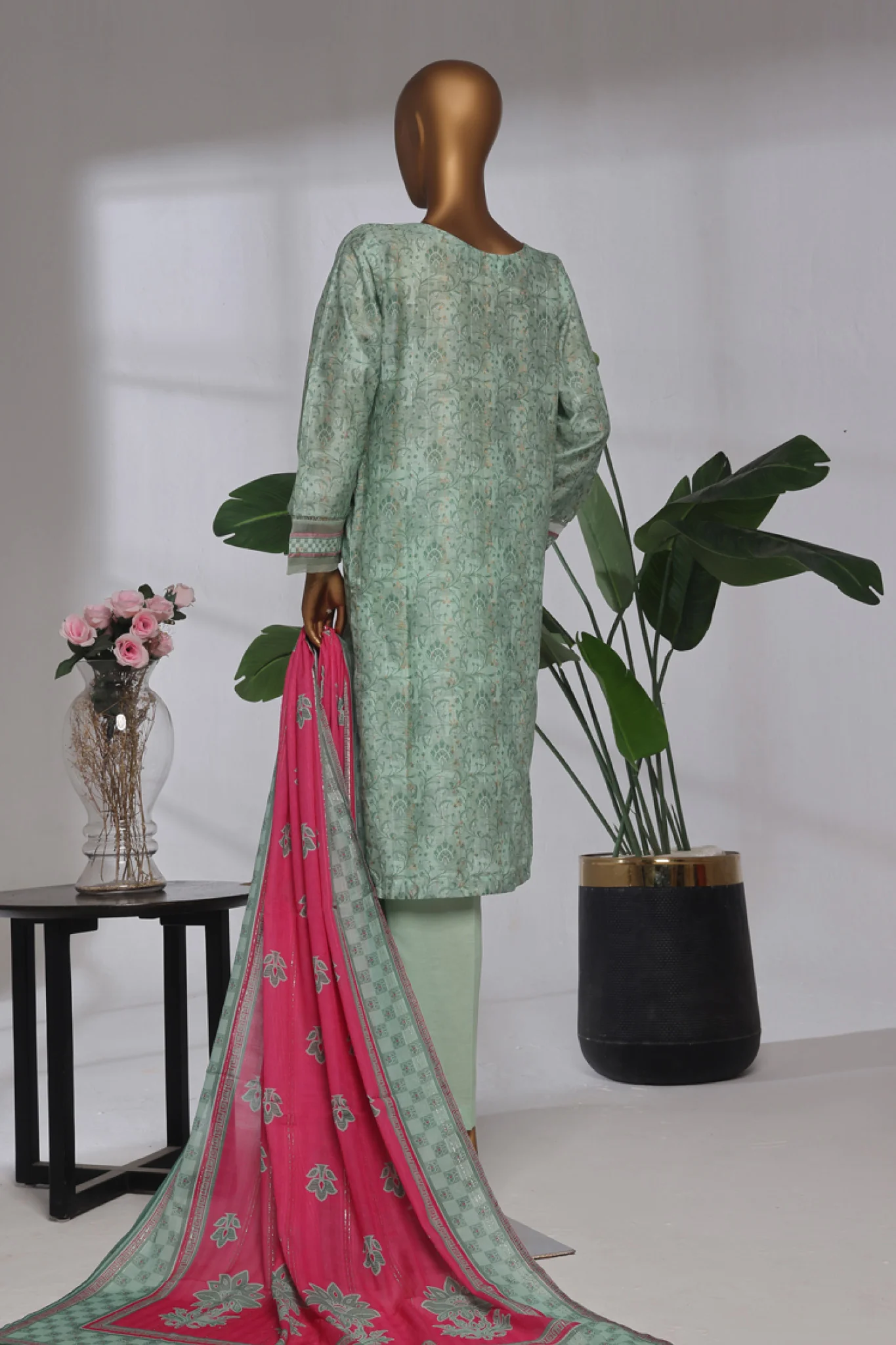Damask By HZ Stitched 3 Piece Prints Jacquard Suit-DPJ-037-Green - Image 3
