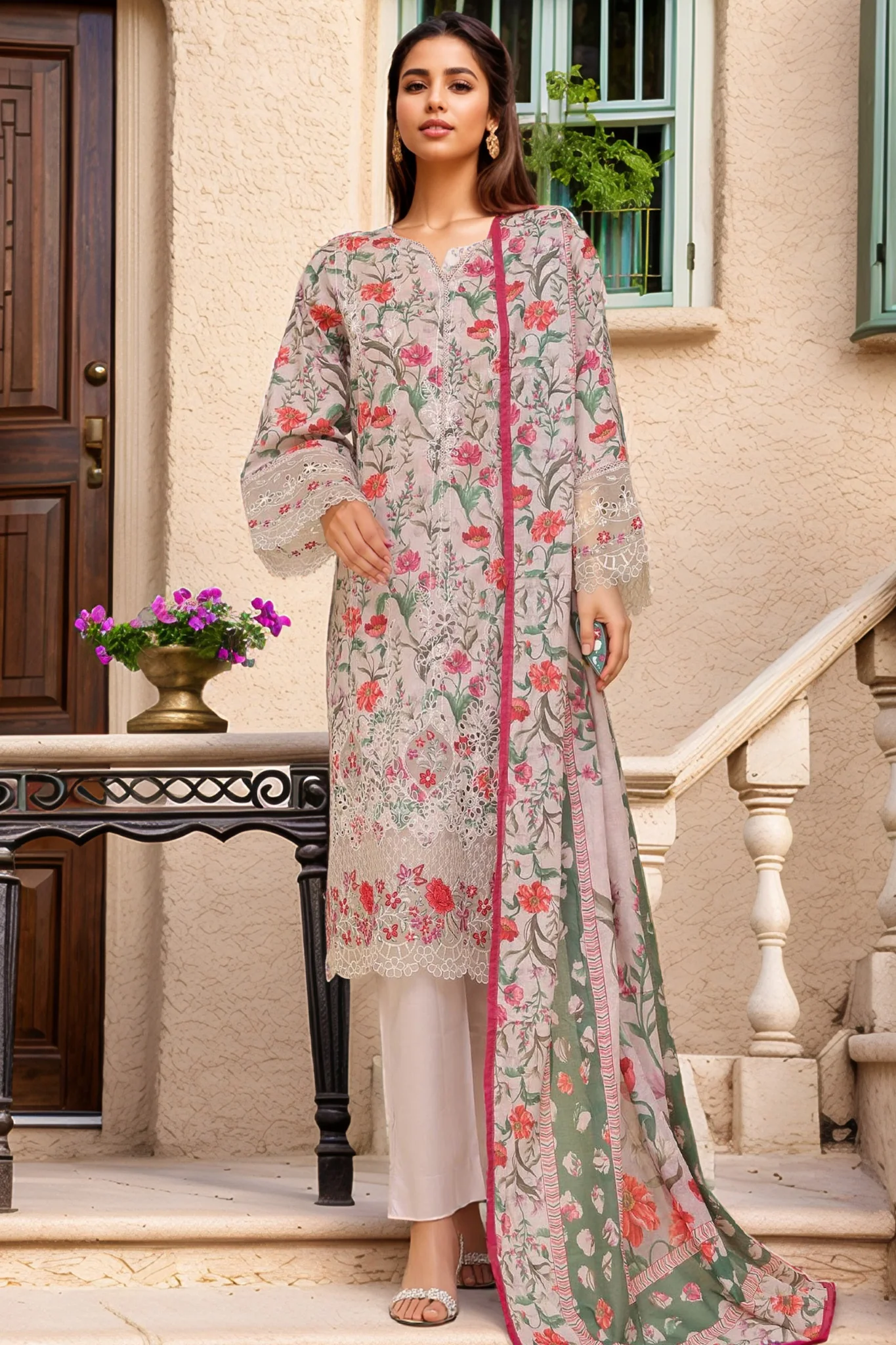 Eid Ke Rang By Bin Saeed Stitched 3 Piece Chikankari Lawn Suit-SM-1780-Grey