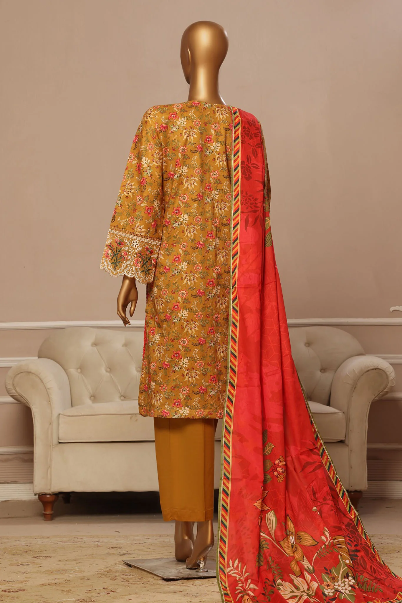 Eid Ke Rang By Bin Saeed Stitched 3 Piece Chikankari Lawn Suit-WC-1785-Mustard - Image 3