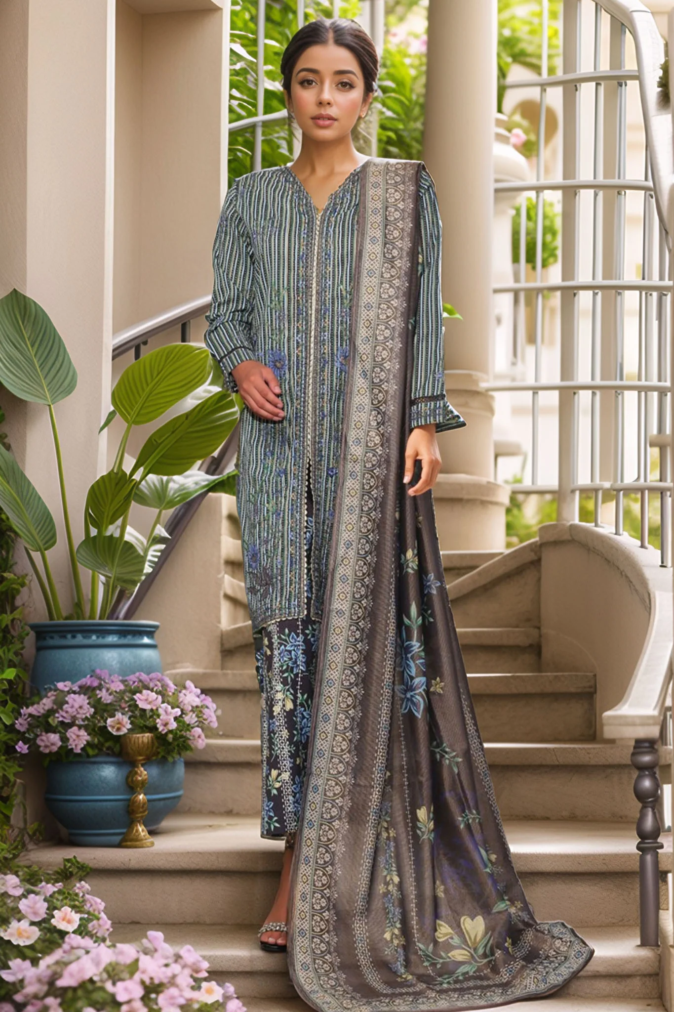 Eid Ki Khushiyan by Bin Saeed Stitched 3 Piece Luxury Self & Stripe Suit-SM-1852