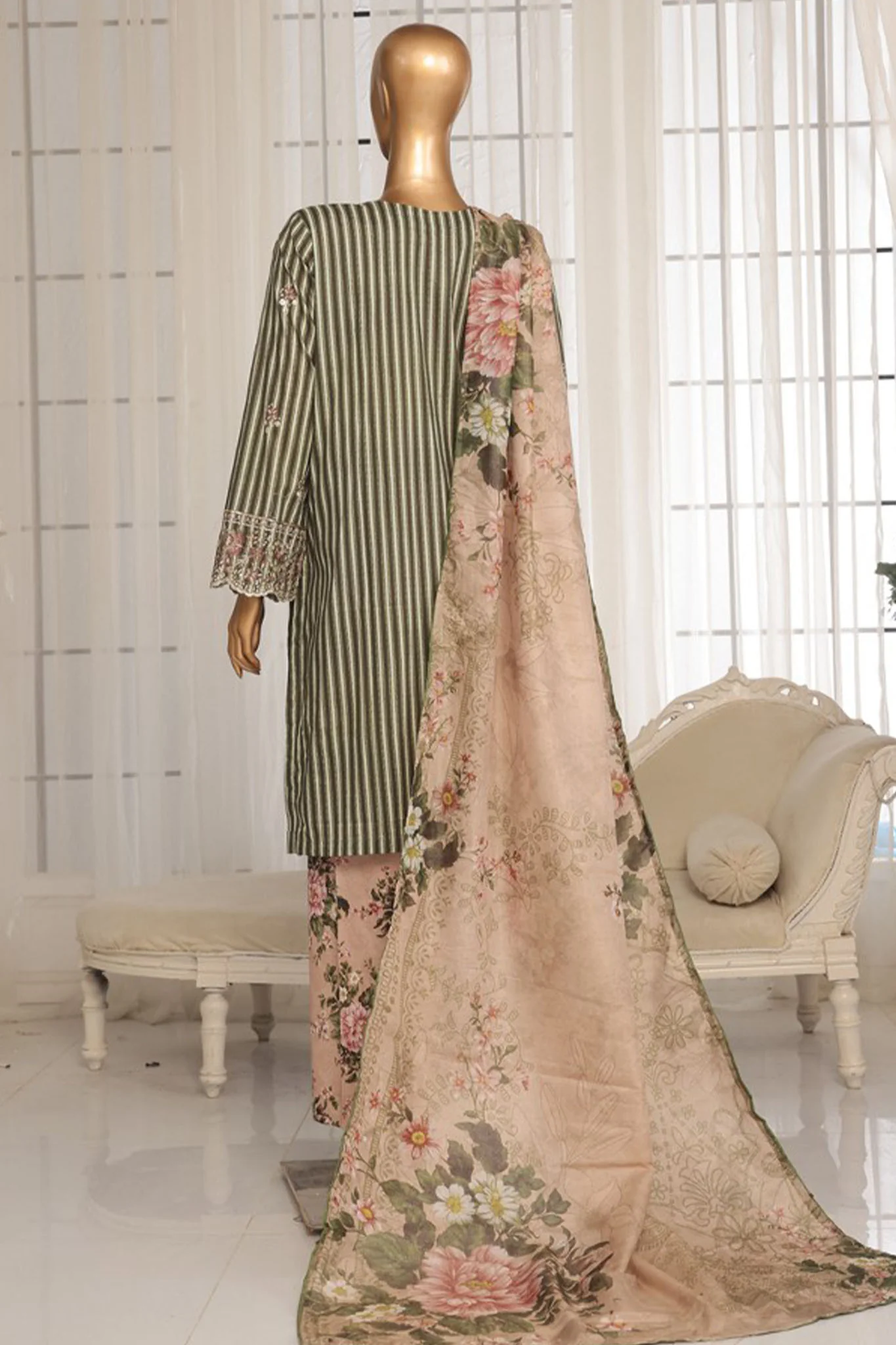 Eid Ki Khushiyan by Bin Saeed Stitched 3 Piece Luxury Self & Stripe Suit-SM-1856 - Image 3