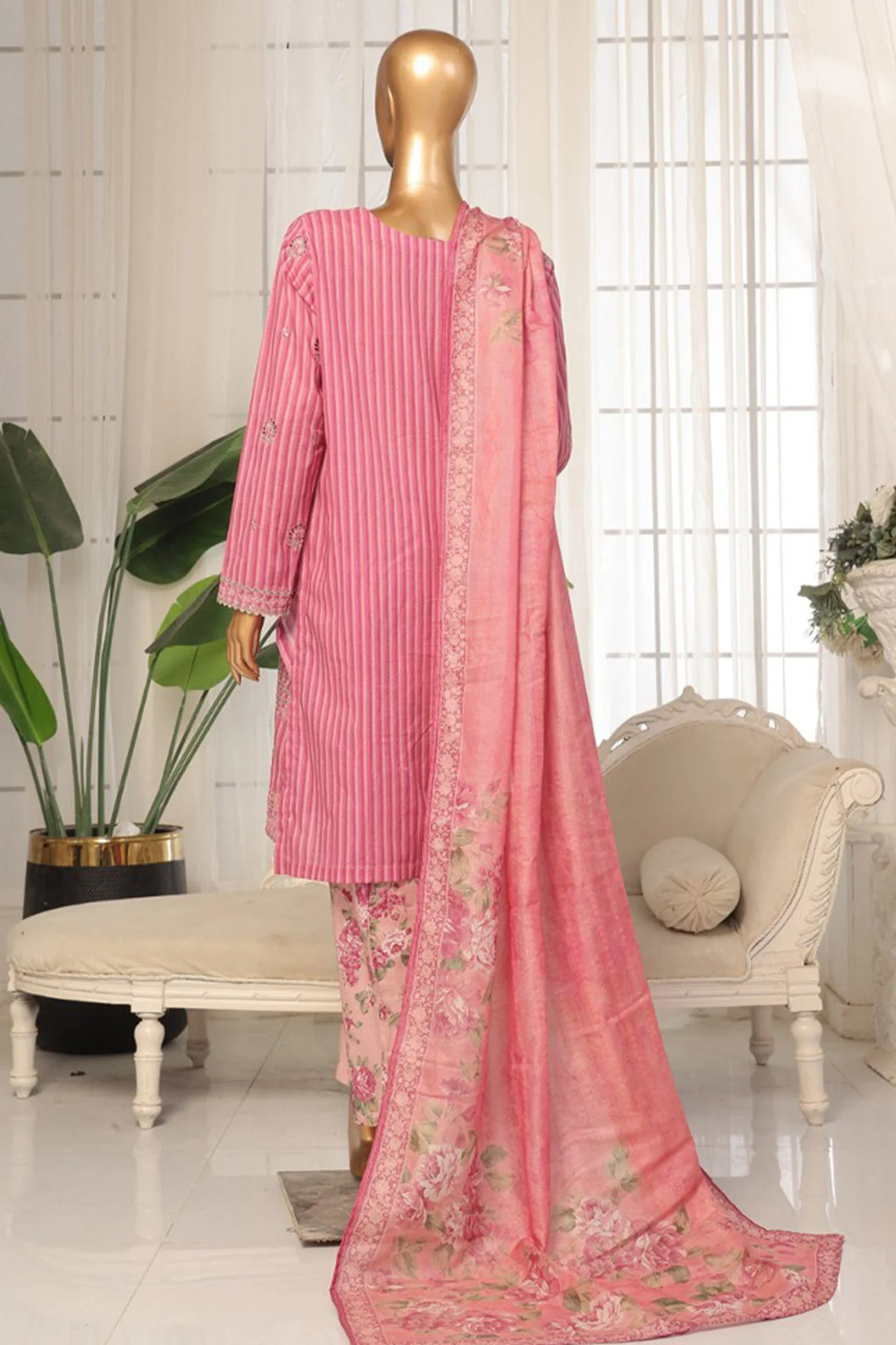 Eid Ki Khushiyan by Bin Saeed Stitched 3 Piece Luxury Self & Stripe Suit-SM-1866 - Image 3