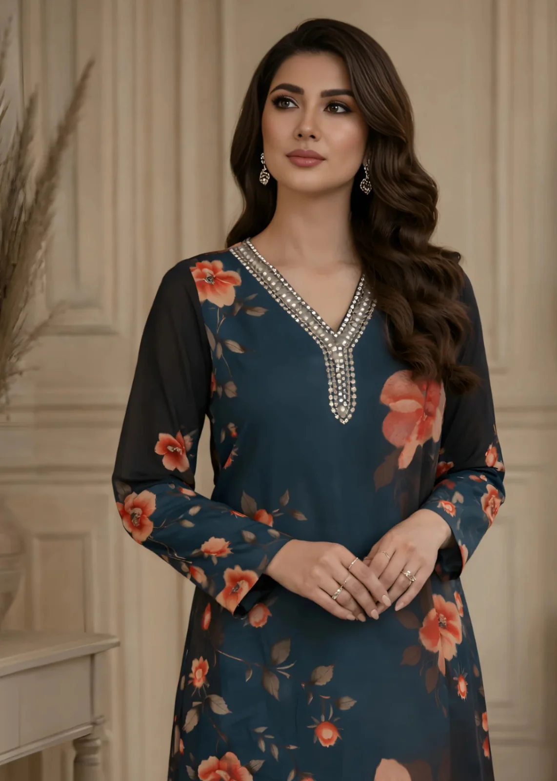 Brandlo PK Teal & Black Floral Printed Silk/Satin Three-Piece Ensemble YL-164 - Image 2