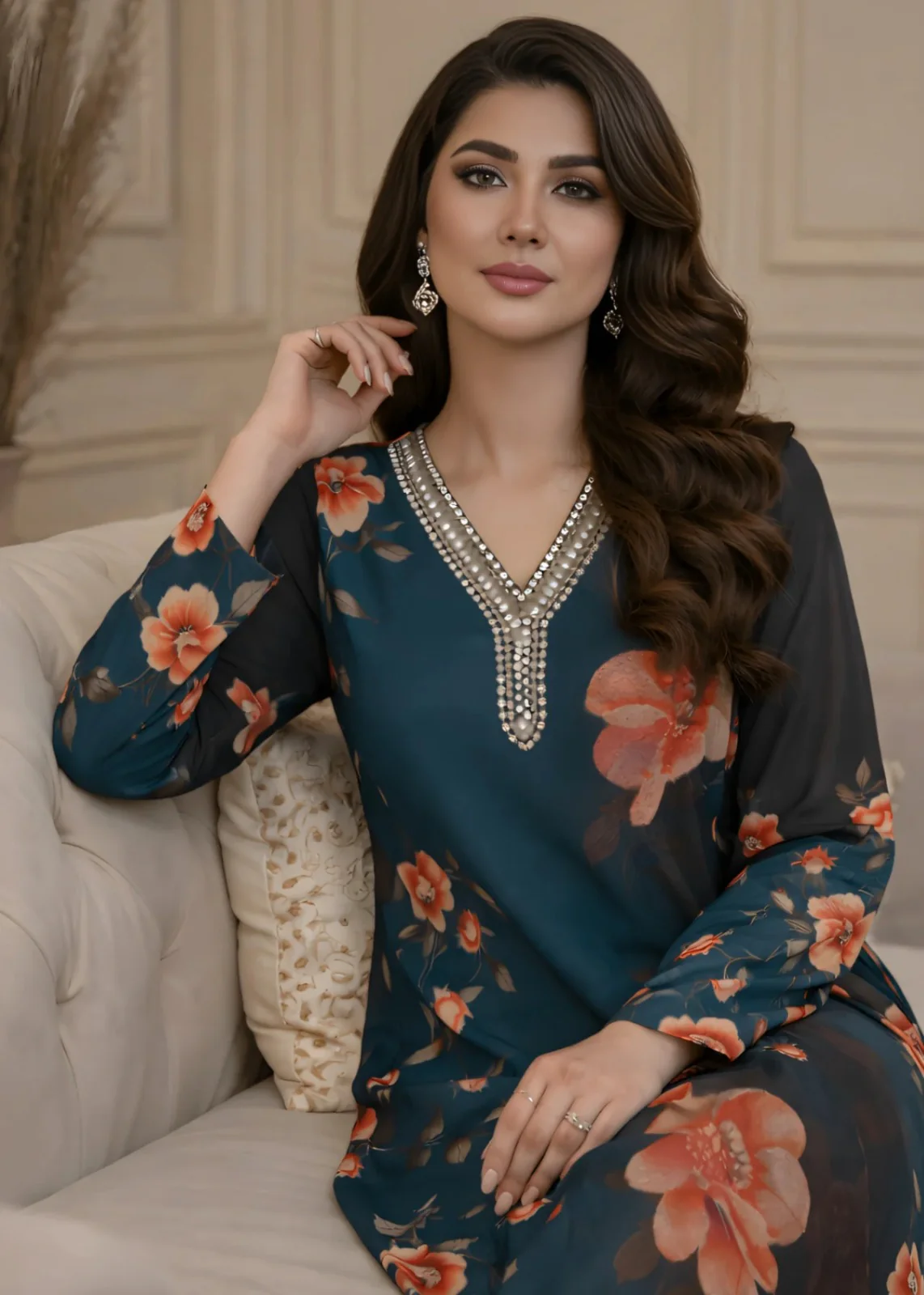 Brandlo PK Teal & Black Floral Printed Silk/Satin Three-Piece Ensemble YL-164 - Image 3