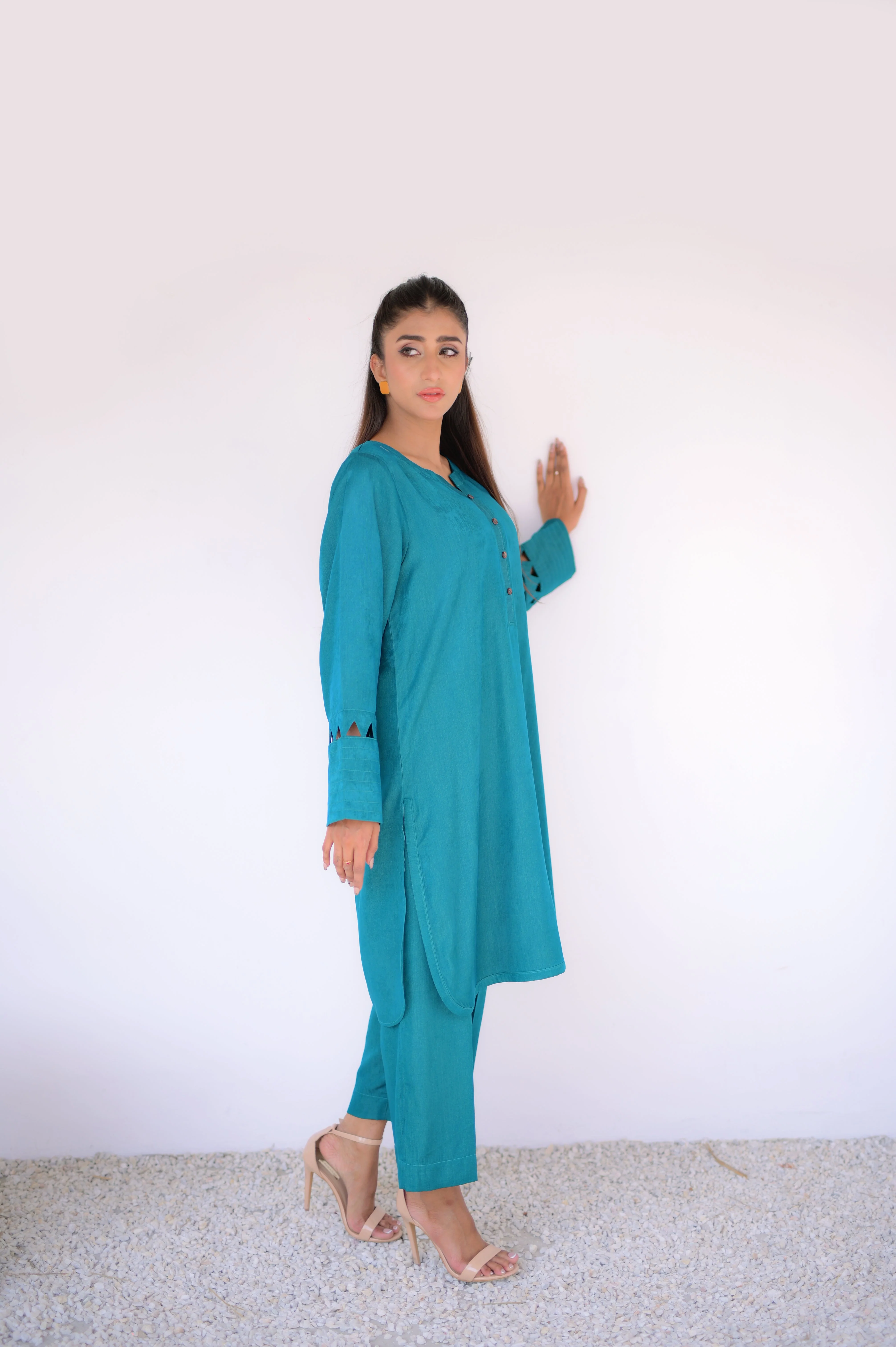 Tehzeeb Threads Solids Collection-Elegant Teal Co-Ord Set | Stitched - 2 Piece | Shirt & Trouser - Image 2