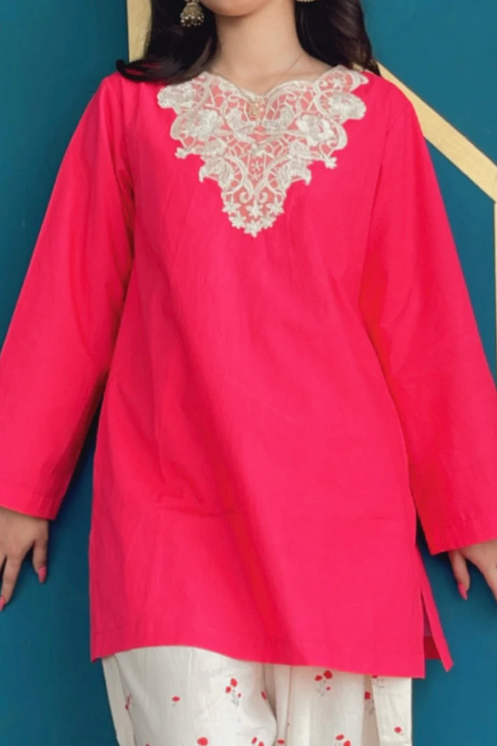 Urban Cut Embroidered Cotton Kurta with Farshi Shalwar 2 Piece Traditional Coord Set - Image 2