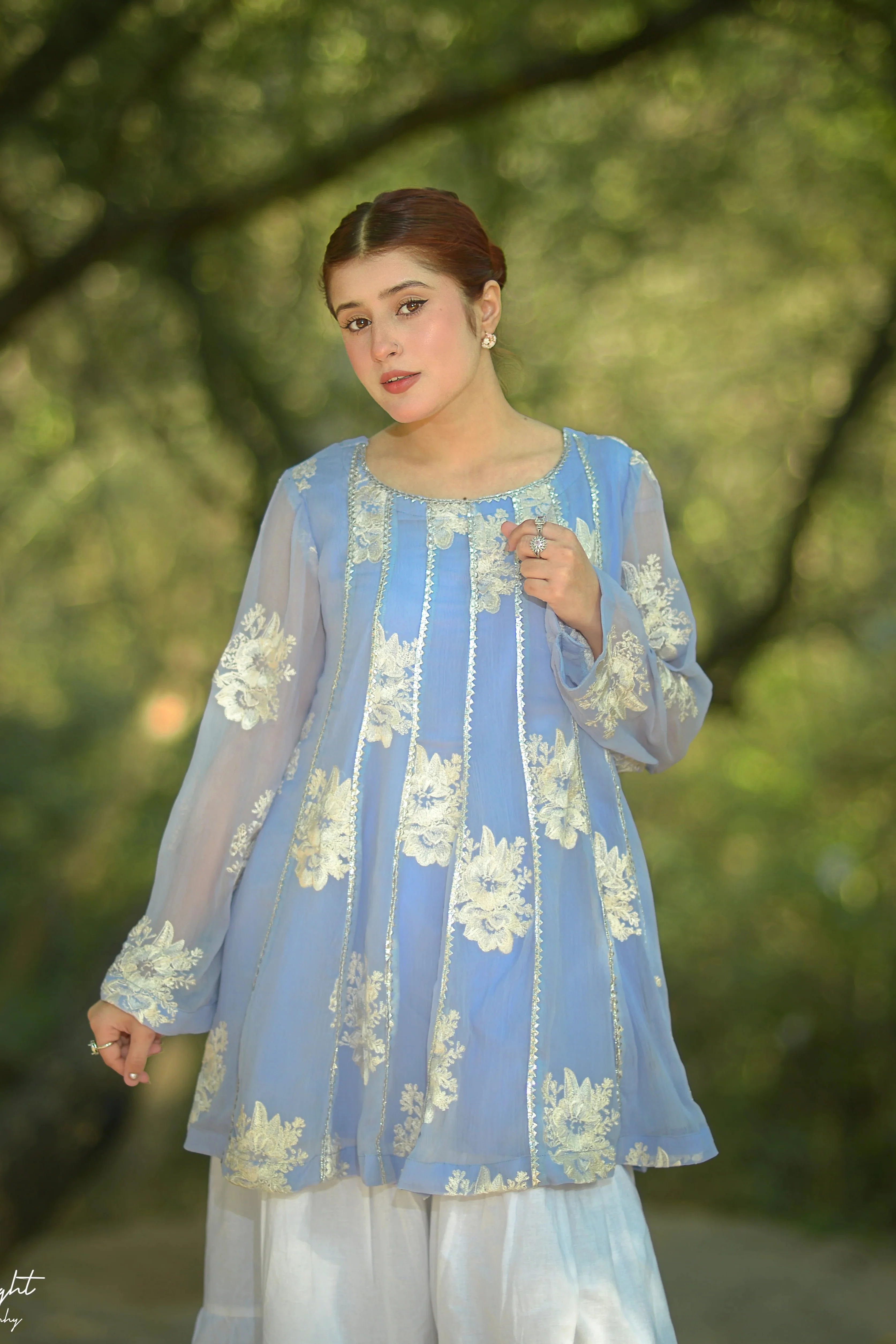 Urban Cut Embroidered Crinkle Chiffon Peplum Top Lined | Pure Chiffon