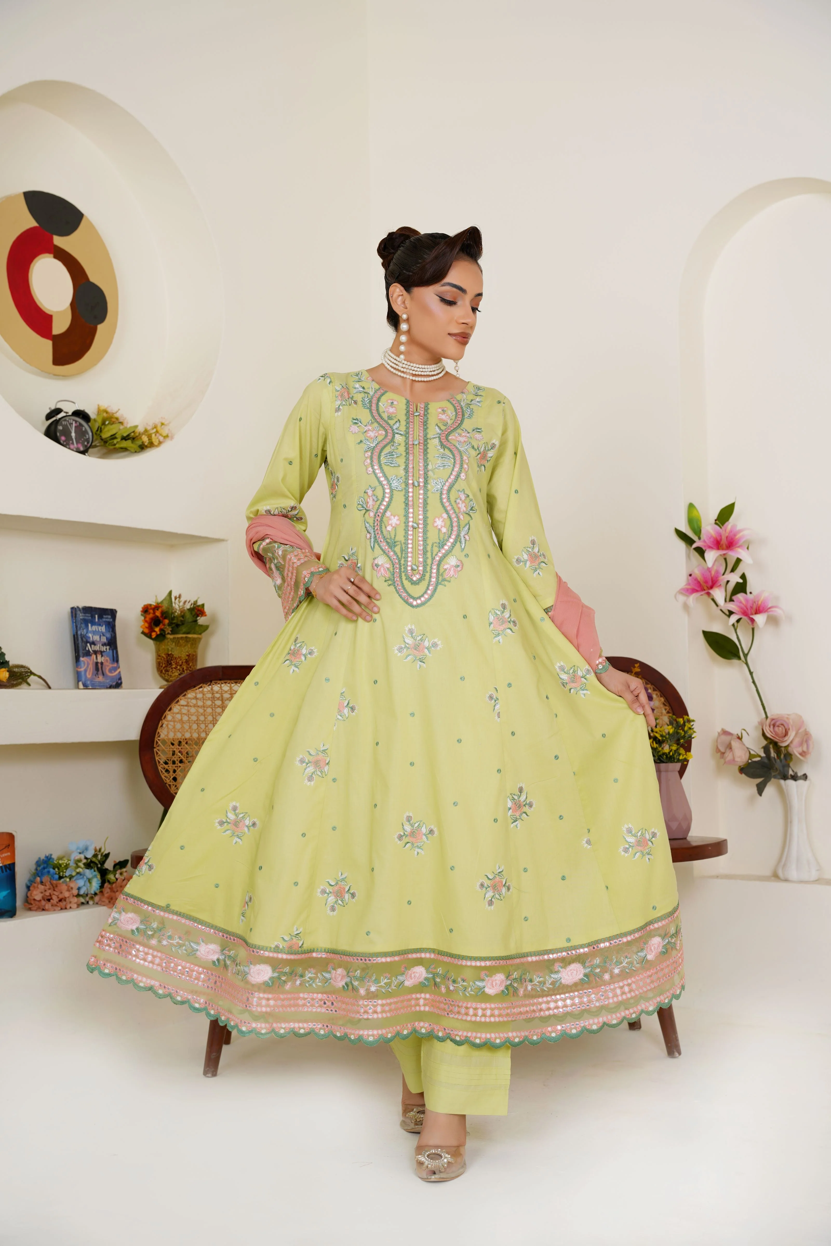 Threads & Weaves Embroidered Lime Green 3-Piece Ready-to-Wear Lawn Suit with Peach Dupatta - Image 2