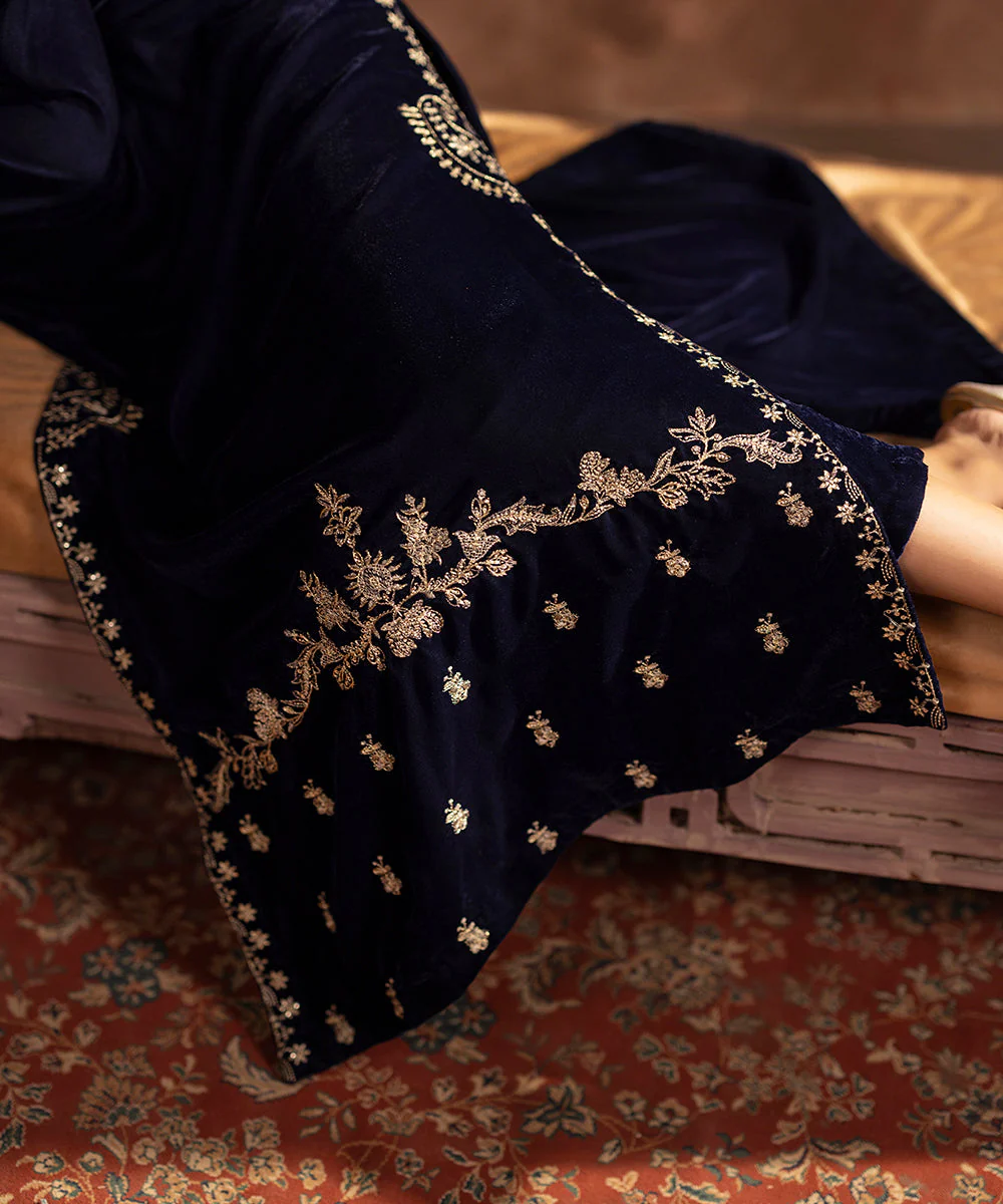 Velvet Saga By Kross Kulture Stitched Embroidered Velvet Shirt Suit-0001809-SML-NAV - Image 9
