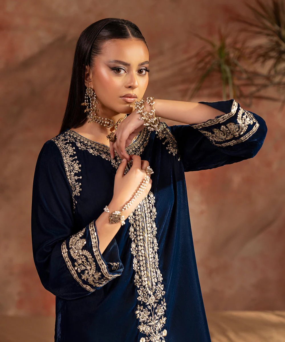 Velvet Saga By Kross Kulture Stitched Embroidered Velvet Shirt Suit-0001818-SML-TEL - Image 3