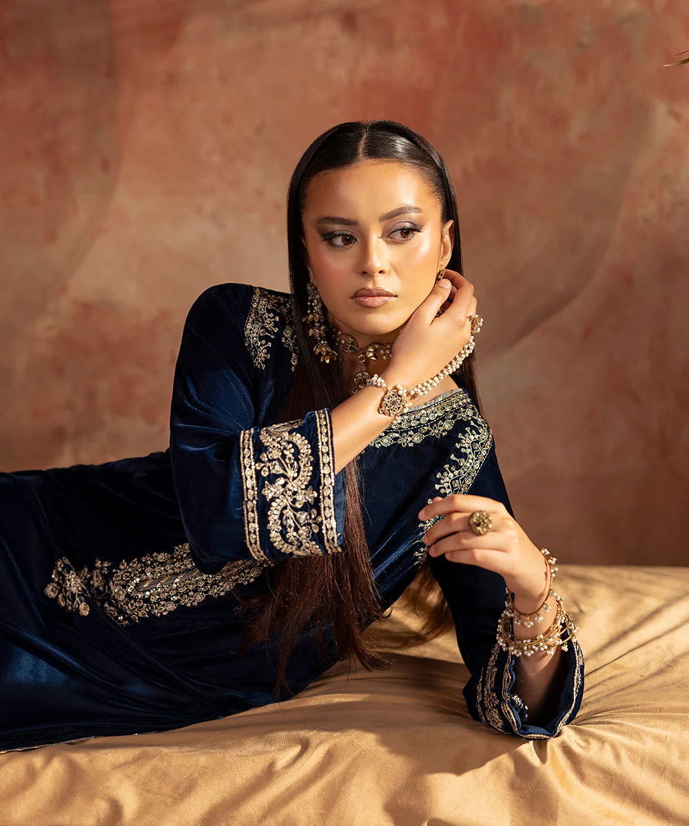Velvet Saga By Kross Kulture Stitched Embroidered Velvet Shirt Suit-0001818-SML-TEL - Image 5
