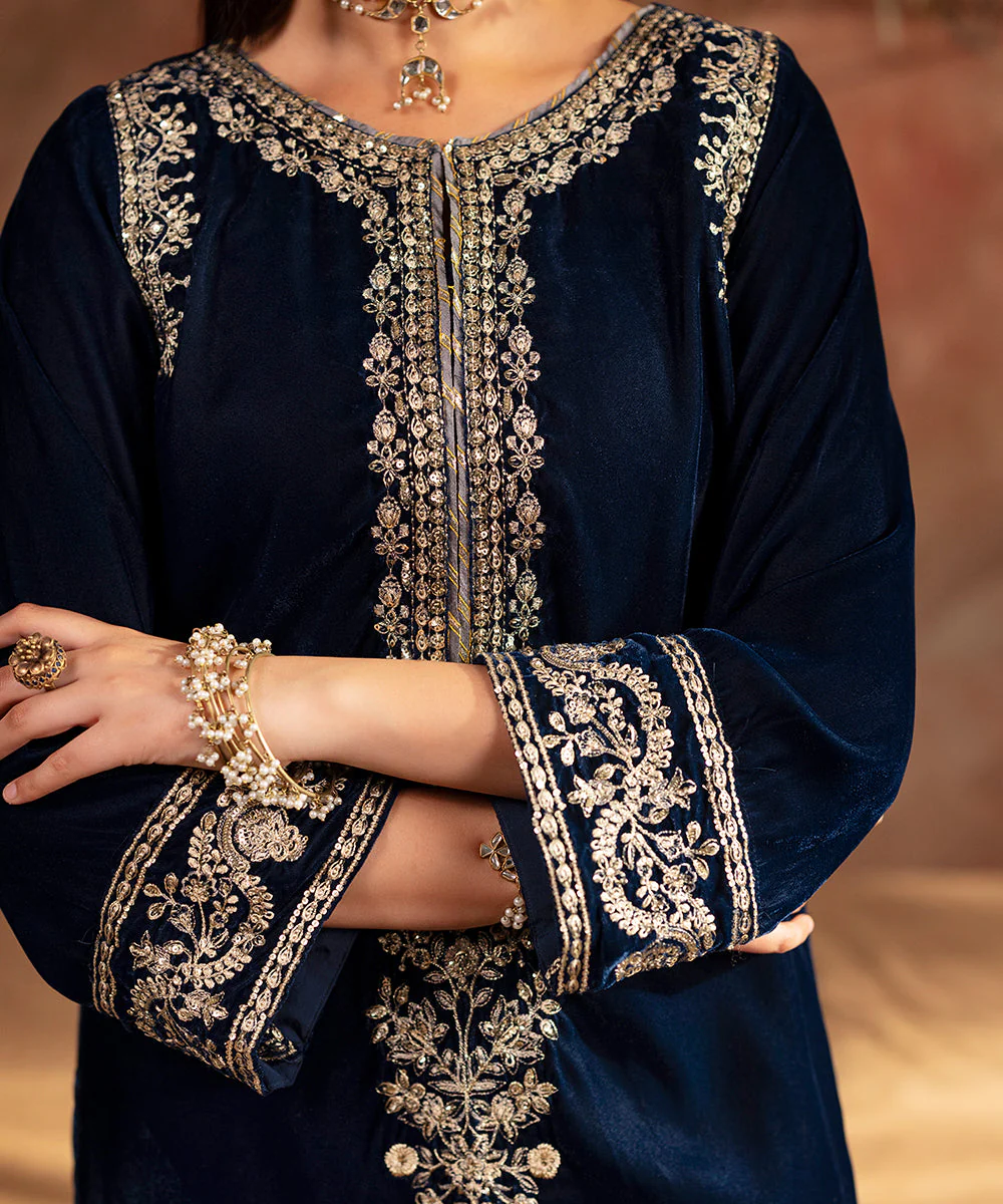 Velvet Saga By Kross Kulture Stitched Embroidered Velvet Shirt Suit-0001818-SML-TEL - Image 7