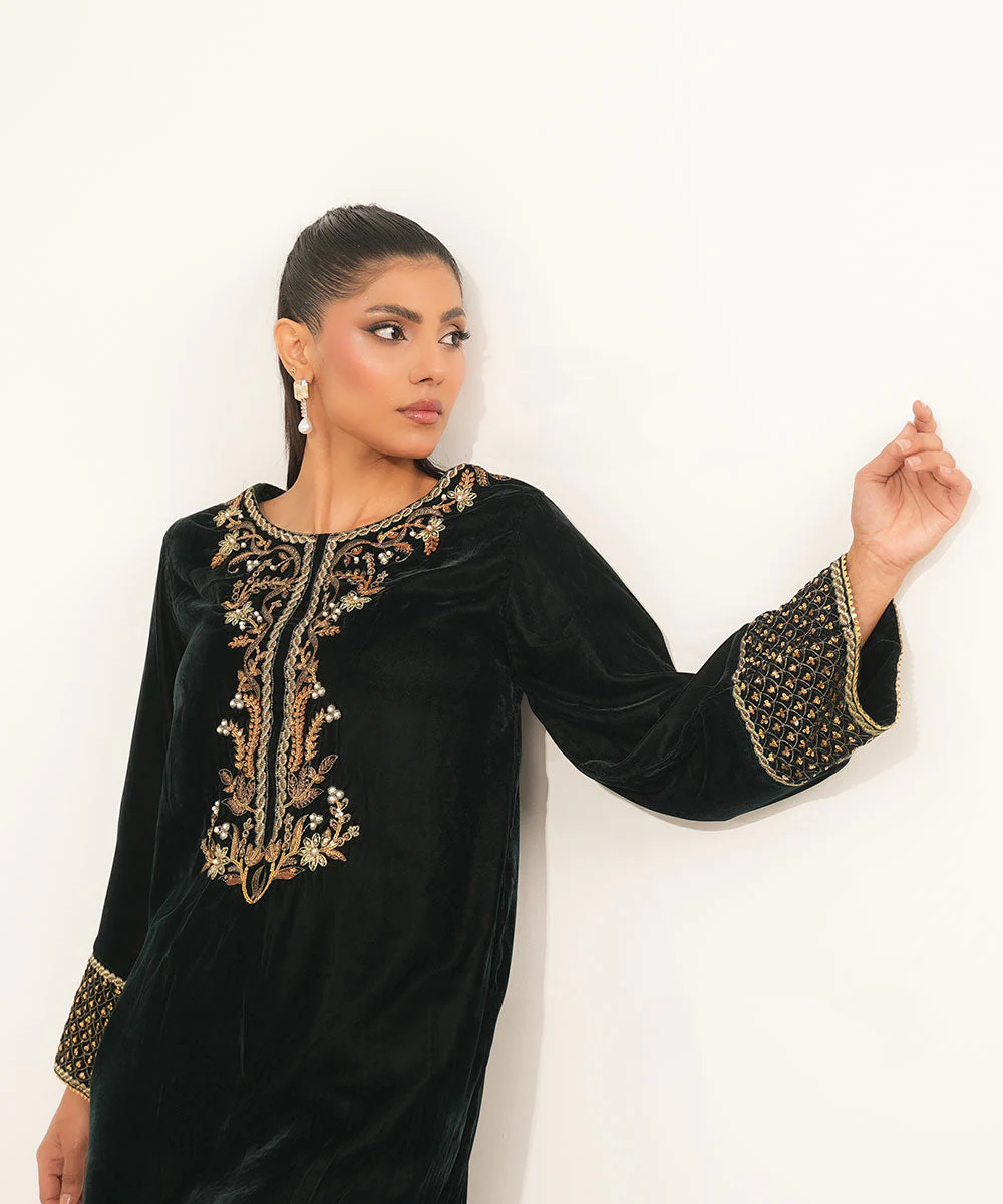 Velvet Saga By Kross Kulture Stitched Embroidered Velvet Shirt Suit-0001865-SML-BGR - Image 3