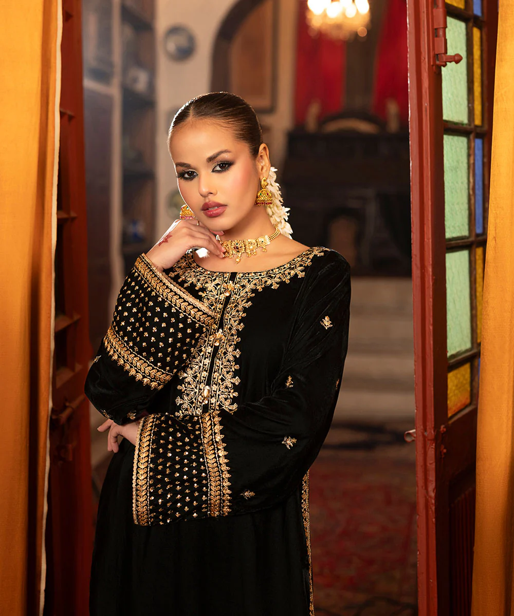 Velvet Saga By Kross Kulture Stitched Embroidered Velvet Shirt Suit-0001863-SML-BLK - Image 12