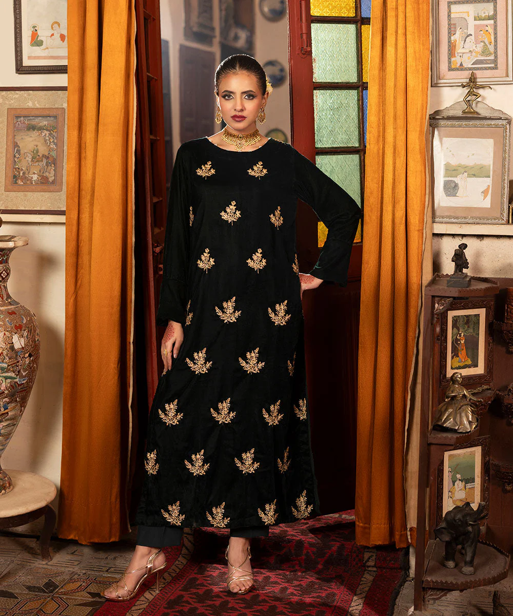 Velvet Saga By Kross Kulture Stitched Embroidered Velvet Shirt Suit-0001864-SML-BGR - Image 3