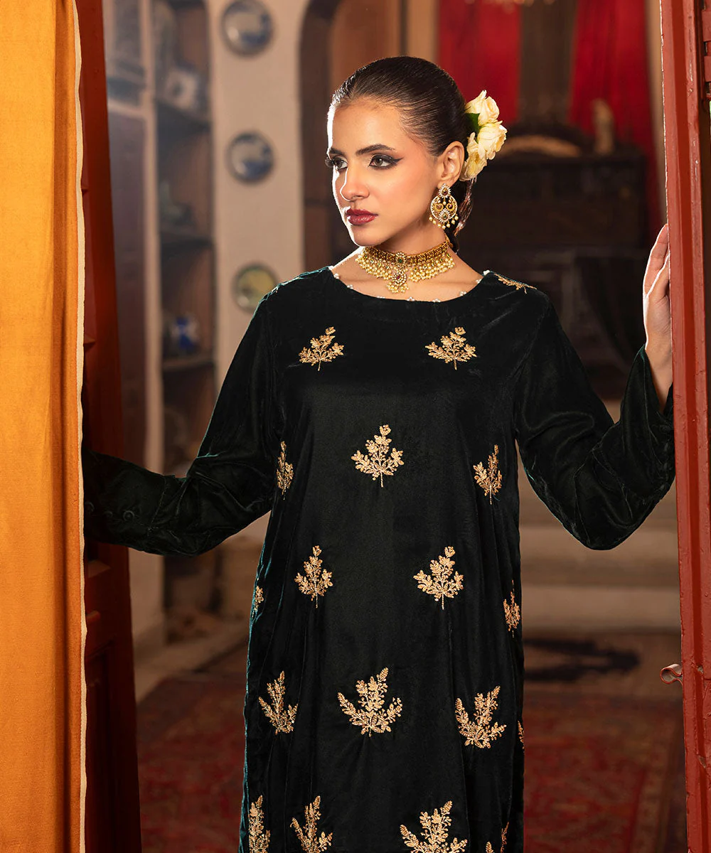 Velvet Saga By Kross Kulture Stitched Embroidered Velvet Shirt Suit-0001864-SML-BGR - Image 5