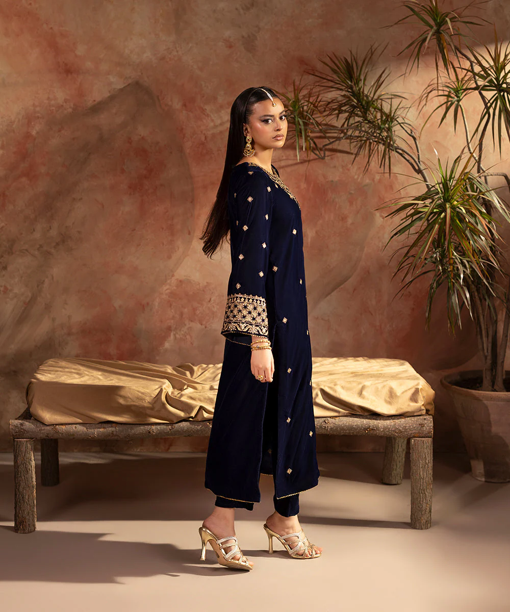 Velvet Saga By Kross Kulture Stitched Embroidered Velvet Shirt Suit-0001737-SML-NAV - Image 3