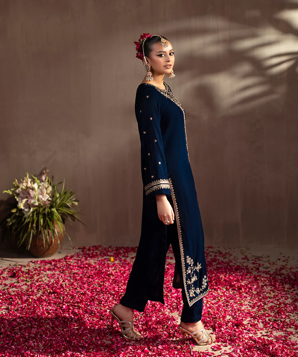 Velvet Saga By Kross Kulture Stitched Embroidered Velvet Shirt Suit-0001735-SML-TEL - Image 3