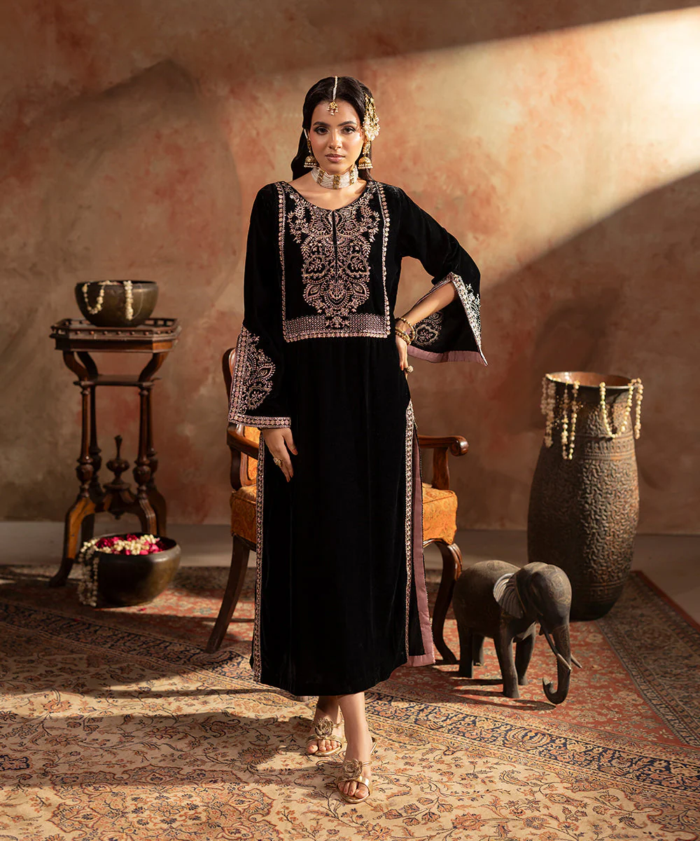 Velvet Saga By Kross Kulture Stitched Embroidered Velvet Shirt Suit-0001739-SML-BLK