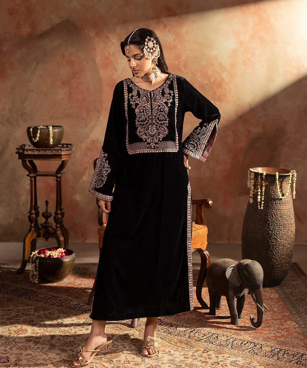 Velvet Saga By Kross Kulture Stitched Embroidered Velvet Shirt Suit-0001739-SML-BLK - Image 4