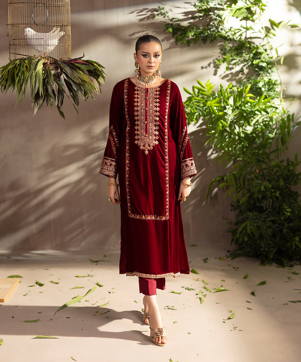 Velvet Saga By Kross Kulture Stitched Embroidered Velvet Shirt Suit-0001740-SML-MAR