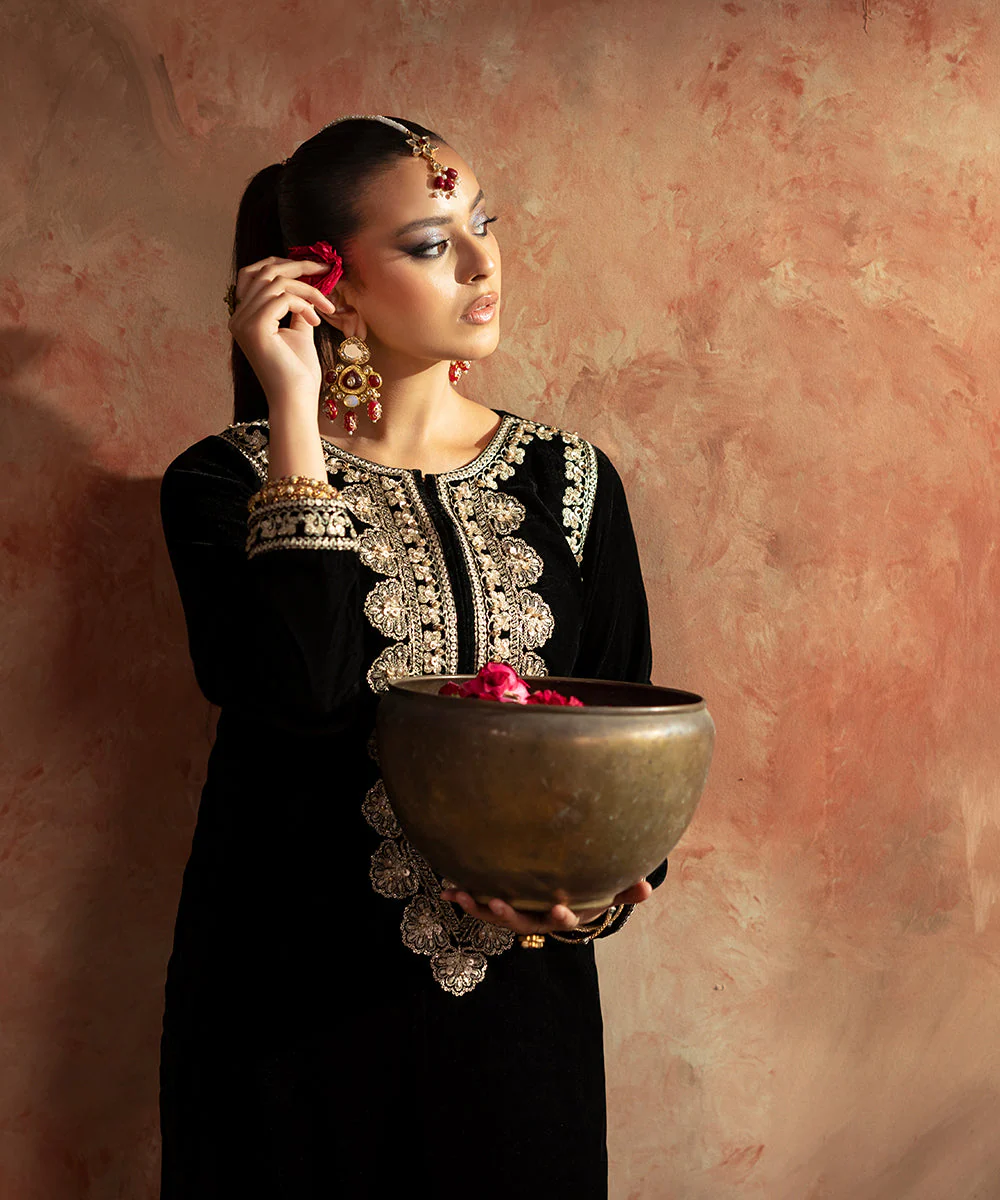 Velvet Saga By Kross Kulture Stitched Embroidered Velvet Shirt Suit-0001805-SML-BLK - Image 7