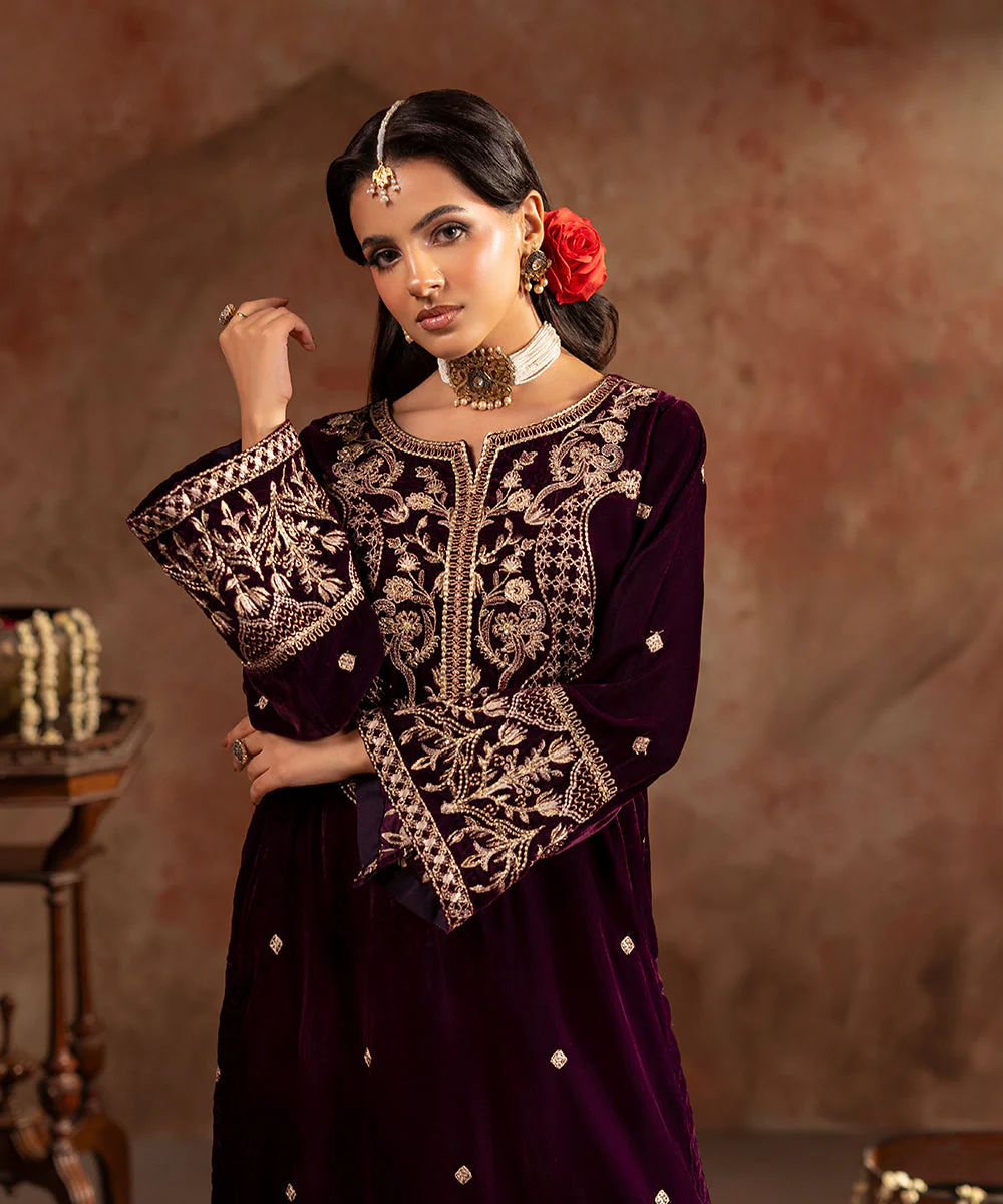 Velvet Saga By Kross Kulture Stitched Embroidered Velvet Shirt Suit-0001806-SML-PLM - Image 4