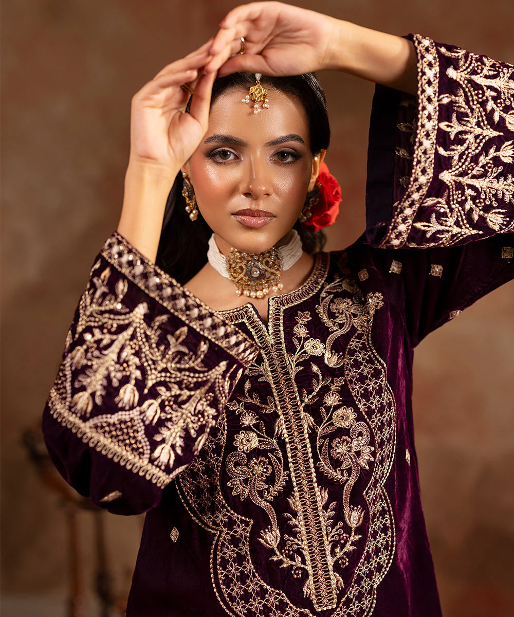 Velvet Saga By Kross Kulture Stitched Embroidered Velvet Shirt Suit-0001806-SML-PLM - Image 5